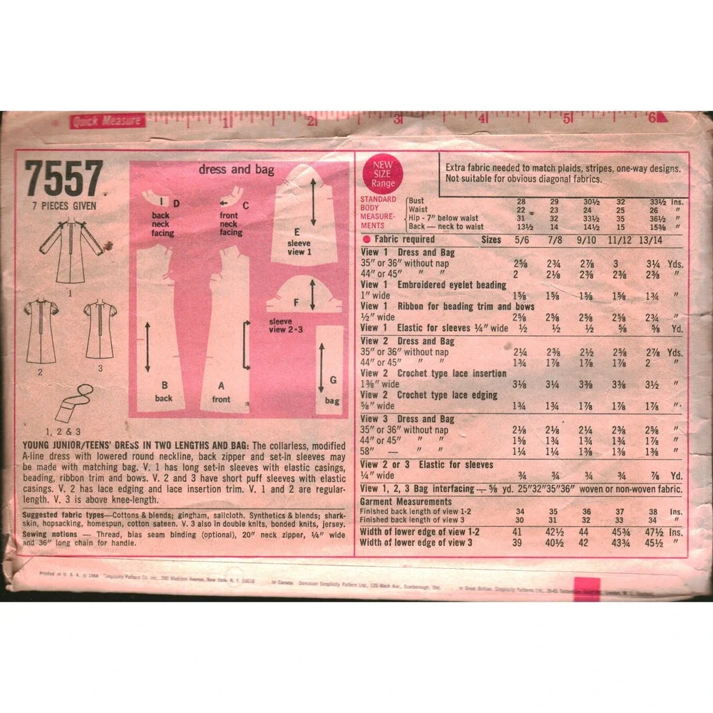 Simplicity 7557 Vintage 1960s Mod A-Line Dress Bag Sewing Pattern Sz 9/10 B30.5